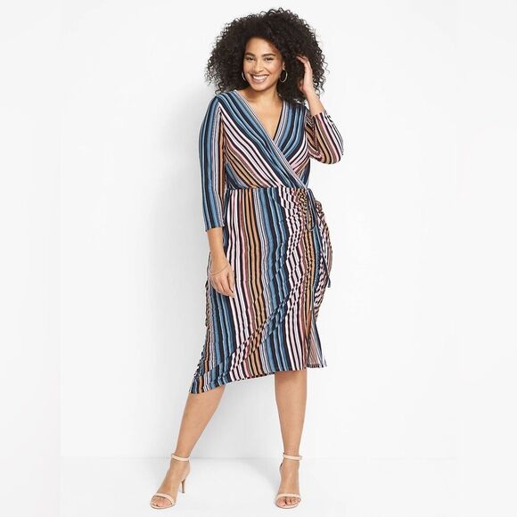 NWOT Lane Bryant Surplice-Neck Side-Ruched Midi Dress Striped  size 34/36 - Picture 1 of 7